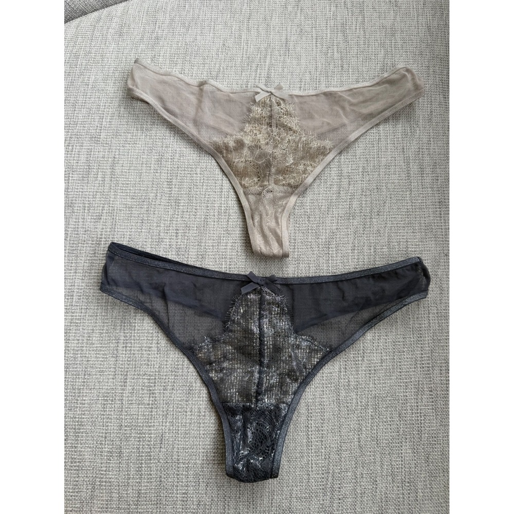 Victoria's Secret 2pc Sheer Lace Thong Panties XS Nude Gray Metallic